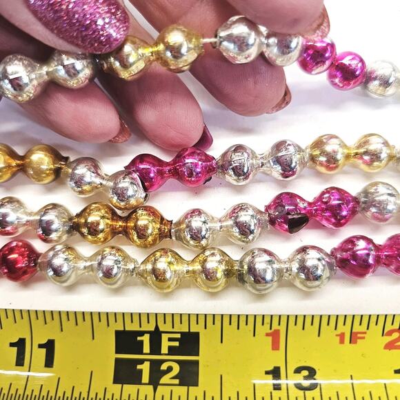 Vintage Double Bead Mercury Glass Christmas Tree Garland 100" Red Gold Silver - Picture 8 of 12